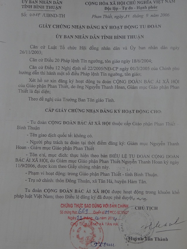 GIẤY CHỨNG NHẬN ĐĂNG KÝ HOẠT ĐỘNG TU ĐOÀN CỦA UBND TỈNH BÌNH THUẬN